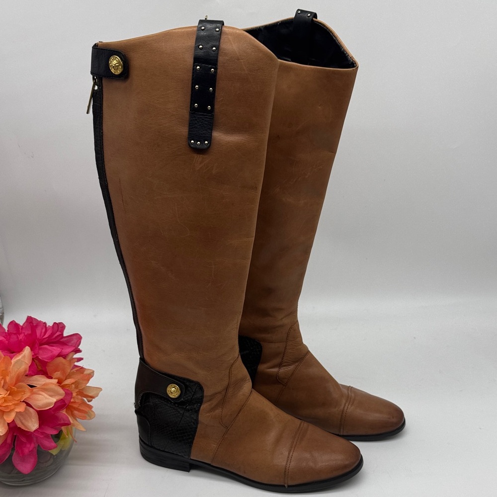 Sam Edelman Tan and Black Snakeskin Riding Boots Size 10 TB8409F